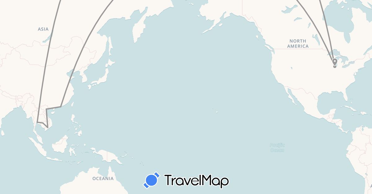 TravelMap itinerary: driving, plane in China, Cambodia, Thailand, United States, Vietnam (Asia, North America)