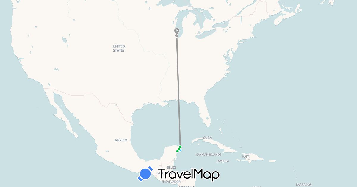 TravelMap itinerary: driving, bus, plane, boat in Mexico, United States (North America)